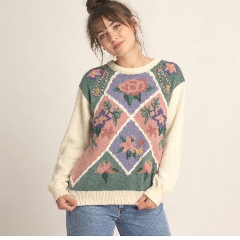 Pastel Floral‎ Sweater 90s Vintage Knit Slouchy Pullover Hipster Jumper Sz Large